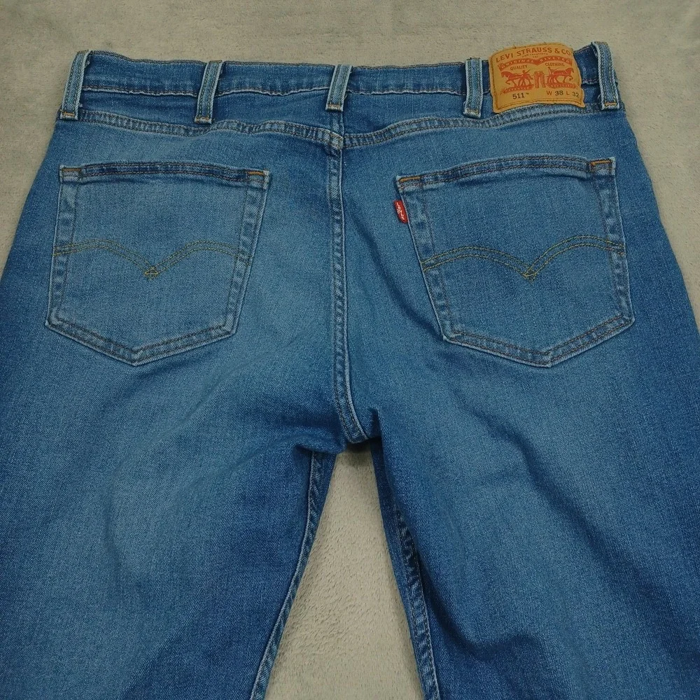 Levis 511 Jeans Mens 38x32 Blue Denim Slim Fit Distressed‎ Pockets Cotton
